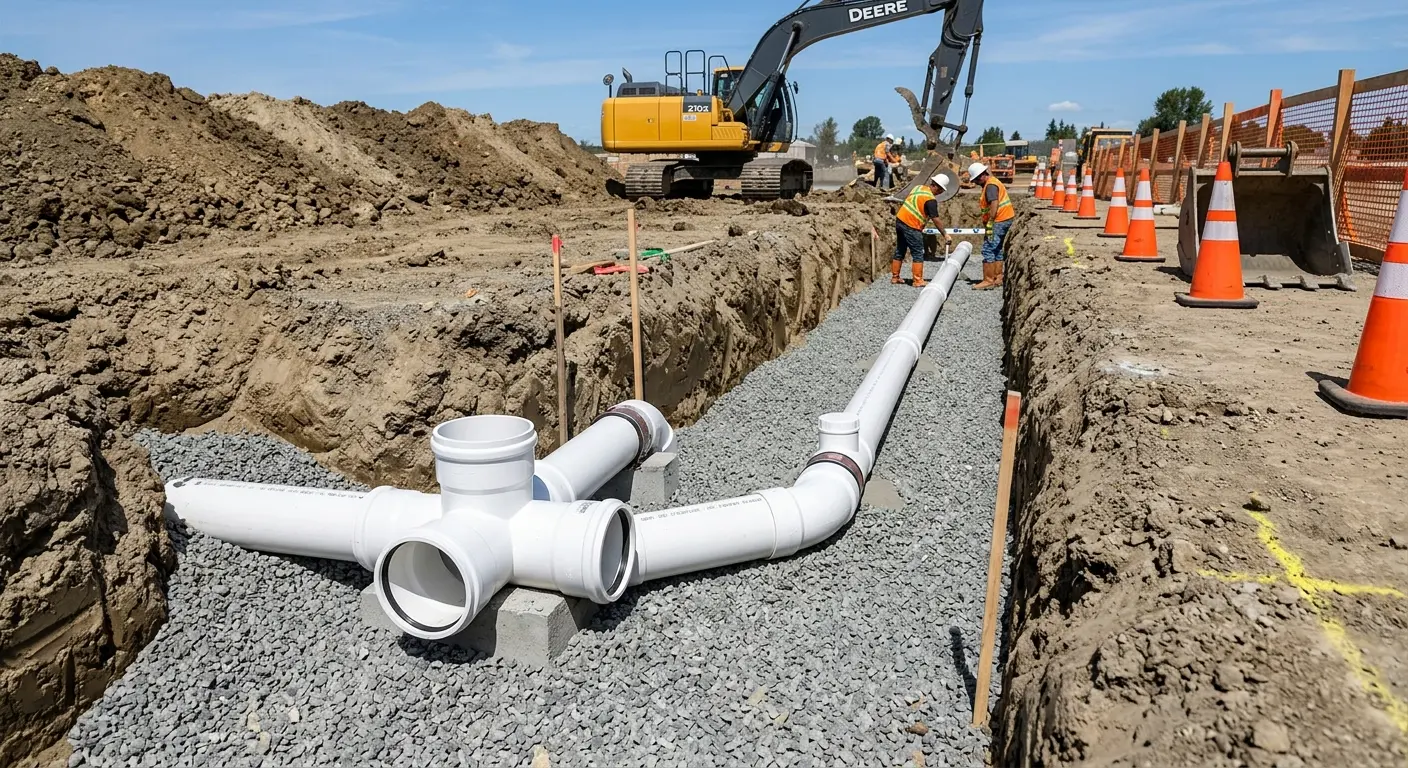 New PVC sewer pipe installation in open trench for Sewer Backup in Lower Moreland