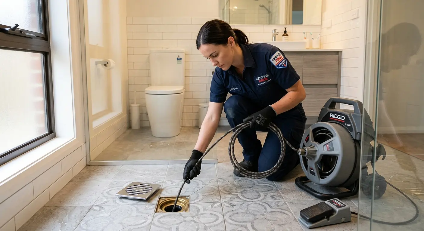 Technician clearing a bathroom floor drain for Sewer Line Replacement in Lower Moreland